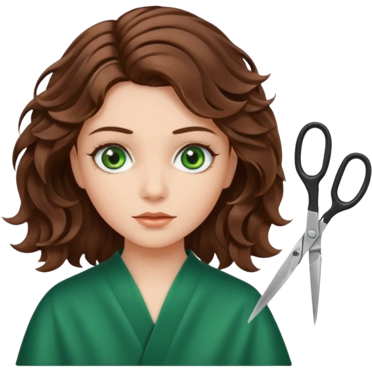 Girl with green eyes and brown wavy hair getting haircut with scissors emoji