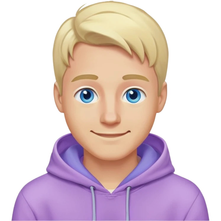smiling blonde man with blue eyes in a lilac hoodie emoji