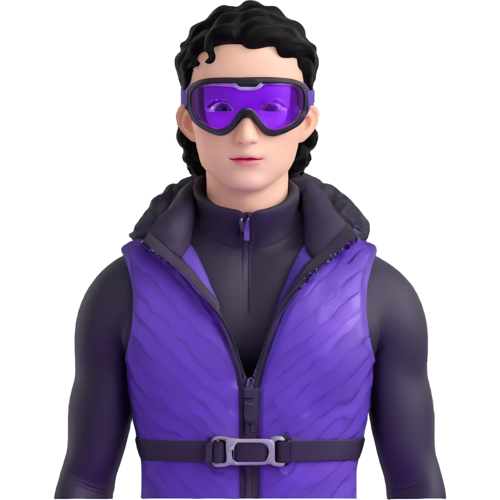 male athlete with white skin and moderately curly black hair on top with shaved sides, wearing ski goggles with purple frames and very dark black lenses, a simple plain black chain necklace, and a completely unzipped shiny vest with purple and black sequin fire pattern design, fully revealing his chest and abs, no earrings emoji