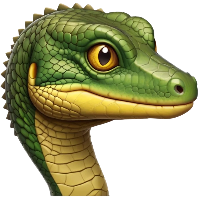 cinematic-realistic-cute-monitor-lizard-portrait-emoji,-head-tilted-playfully-and-inquisitively,-featuring-a-compact,-agile-body-with-finely-detailed,-glossy-scales-in-earthy-olive-hues-and-a-distinct,-alert-face-with-bright,-curious-eyes, yellow and dark green emoji