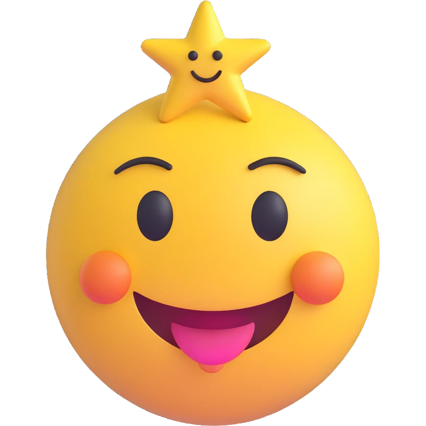 3D smiley emoji, large eyelashes, girly, star-shaped earrings, happy emoji