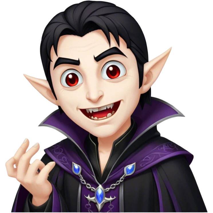 Cinematic Realistic WoW Vampire Mage Portrait, head tilted dramatically with an exaggeratedly amused expression, blending ominous mystique with a wry, unexpected charm. His pallid skin, sleek dark hair, and intricately detailed black robe with silver accents are rendered with lifelike texture and moody, dynamic lighting, high shine, dramatic yet whimsical, capturing a dark mage who wields ancient power with a mischievous glint. emoji