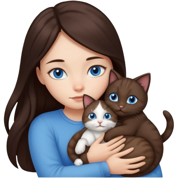 a girl with long dark 
brown hair, with blue eyes, hugs 3 different natural coloured small cats emoji
