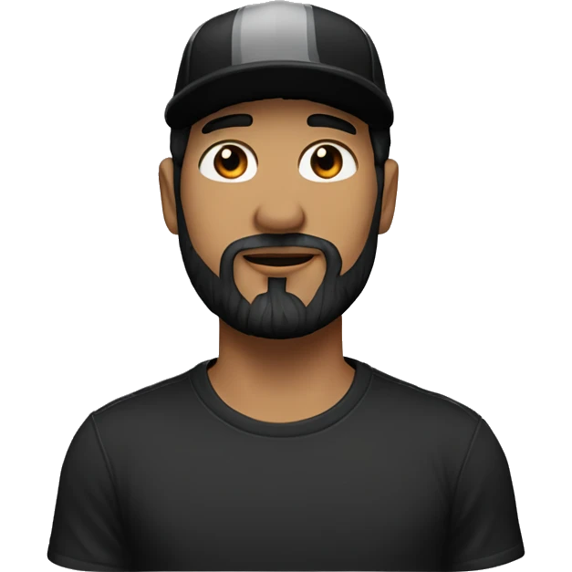 Man with black hair and beard with white skin and a black cap on and with black t shirt  emoji
