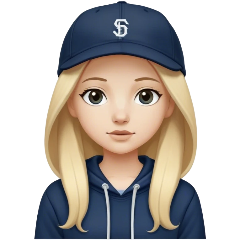 White girl with long straight blonde hair with a middle part wearing a black baggy hoodie with a navy blue baseball cap on emoji