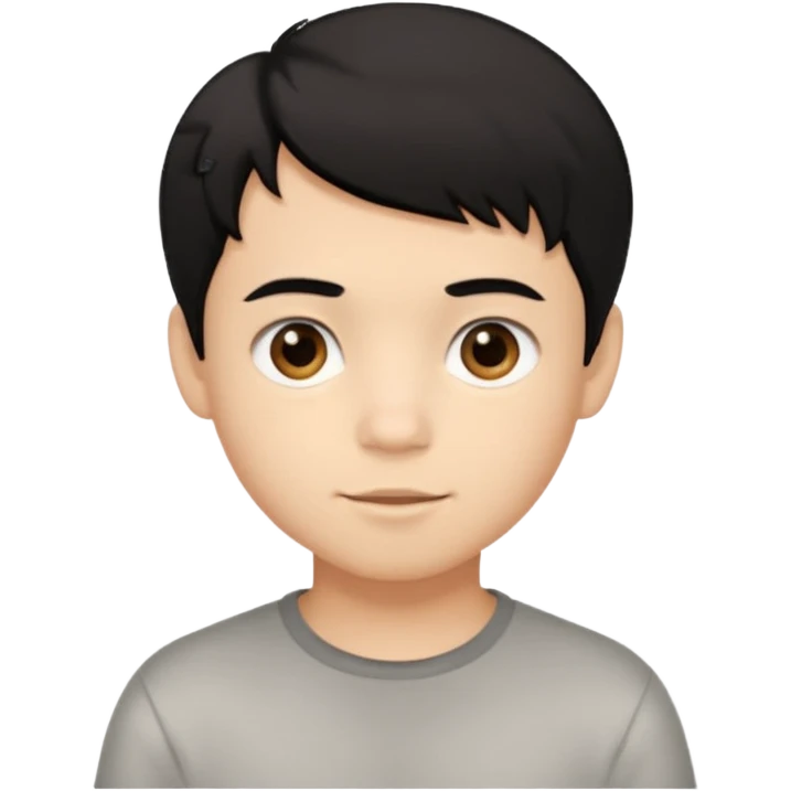 Simple iOS-style emoji of a young boy with short, slightly messy black hair, a round face, large brown eyes, and a small neutral smile emoji