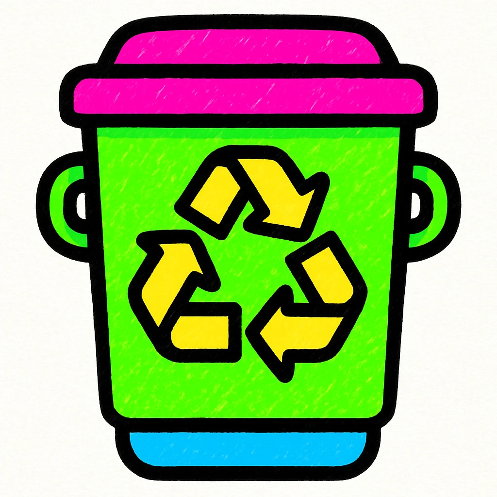 green recycle bin, vibrant cartoon style, bold lines, playful look emoji