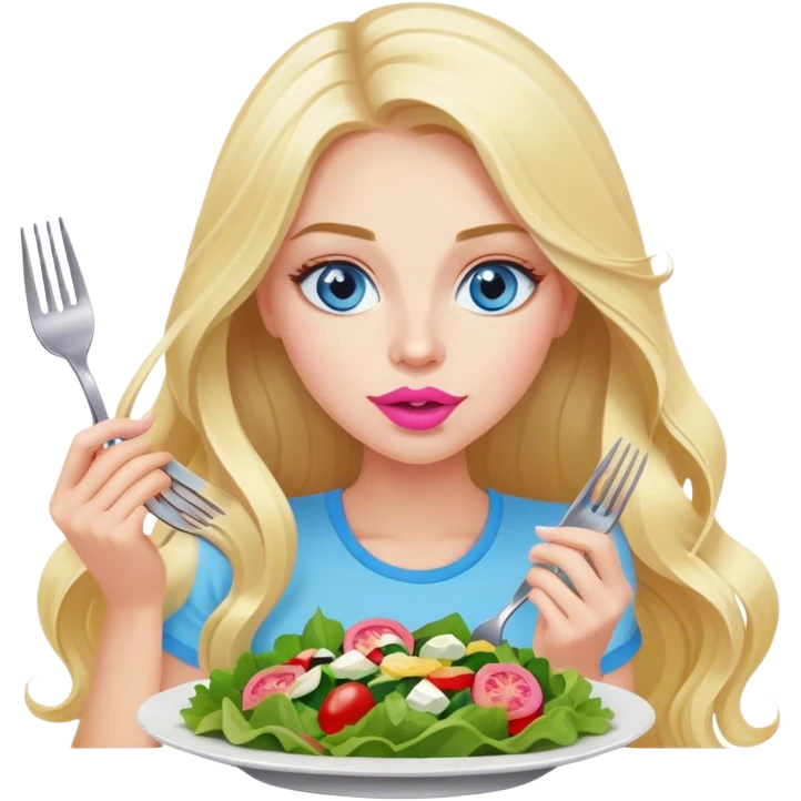 A cinematically realistic blonde with long hair, blue eyes and pink lips eats a salad with a fork emoji