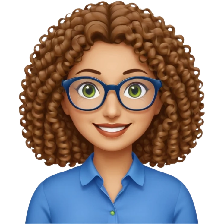 40 yr old Iranian woman, light brown very curly thick hair, shoulder length hair, green eyes, tan skin, big smile, big glasses, with pretty blue blouse emoji