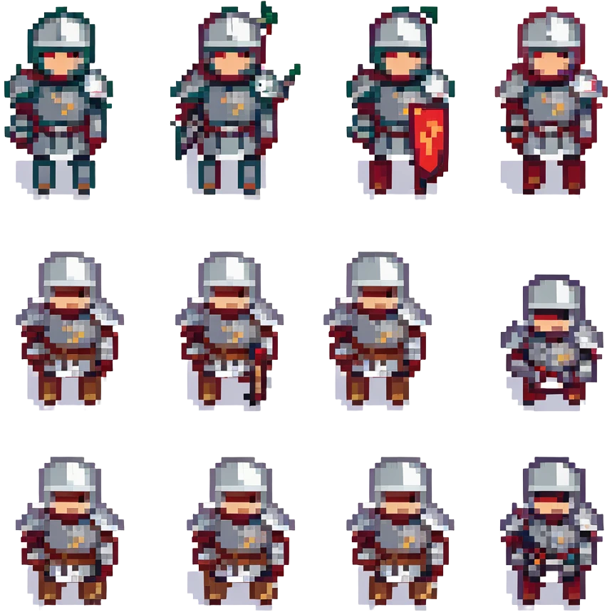A pixel art knight in armor with a closed helmet, expressing disappointment. The knight's arms and legs are in different positions. The image is portrait-sized and has a clear outline. emoji