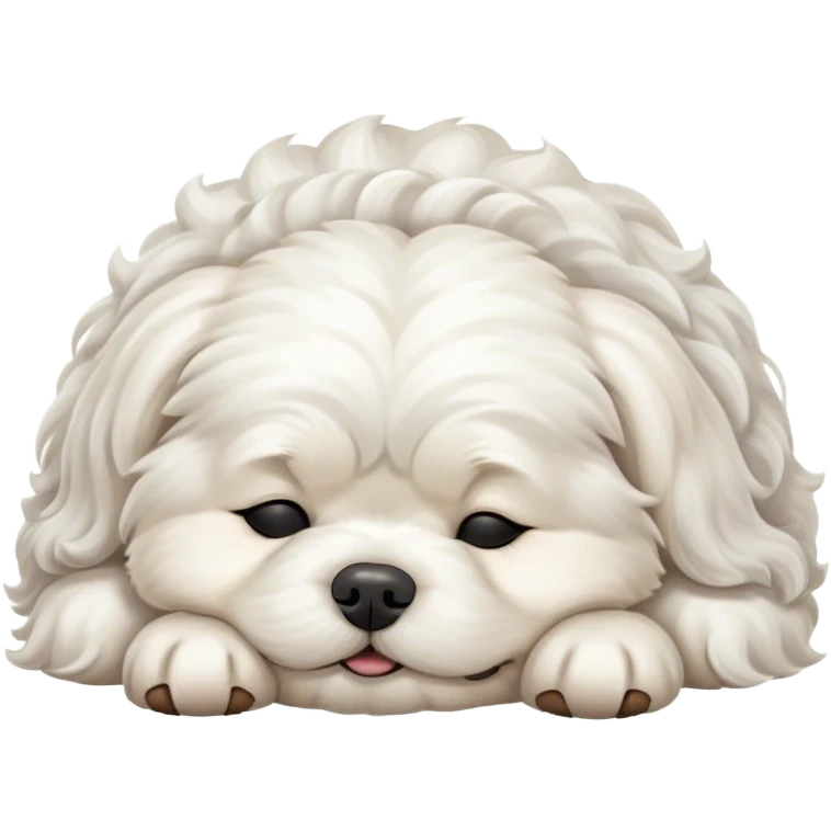 Cinematic Meme-Worthy Chubby Sleeping Wavy-Haired Maltese dog Portrait Emoji, Head resting peacefully with a contented smile, featuring a delightfully chubby build and a luxuriously soft, wavy-haired white coat, eyes shut in a serene nap, Simplified yet hilariously adorable features, highly detailed, glowing with a soft, drowsy light, high shine, relaxed and utterly lovable, stylized with an air of playful laziness, bright and endearing, soft glowing outline, capturing the essence of a comically sleepy companion, so meme-worthy it feels like it could instantly become the next viral sensation of adorable slumber! emoji