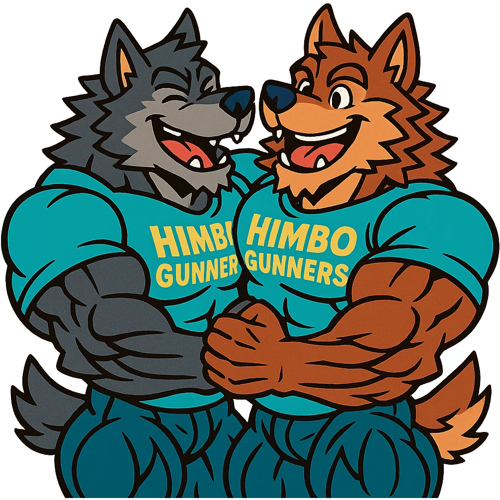 two hyper-muscular wolf furry characters in 'Himbo gunners' t-shirts, hugging, big smiles, playful and affectionate, oversized and detailed muscles, intricate fur, ultra high quality emoji