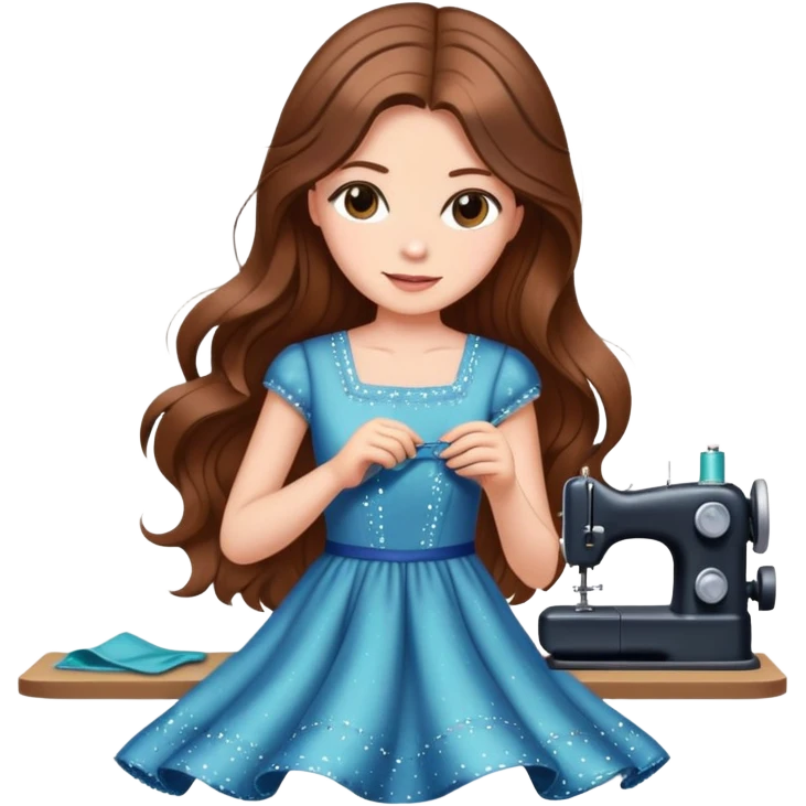 Woman with long brown hair sewing a cute dress with sparkles around her in the background elegant  emoji