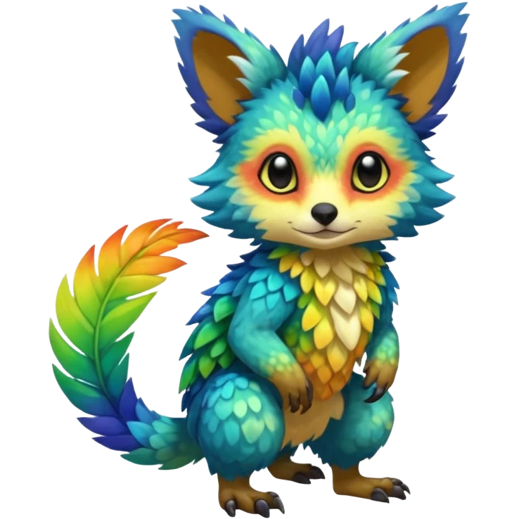 Colorful tropical exotic cute cool beautiful shiny beautiful fantasy-Trico-Cacomistle-oncilla-animal-Fakémon-hybrid-fursona (full body) emoji