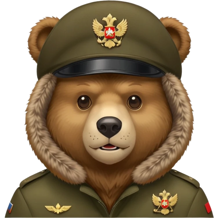 Cartoon Russian bear head wearing military style ushanka hat with Russian emblem, iOS emoji style emoji