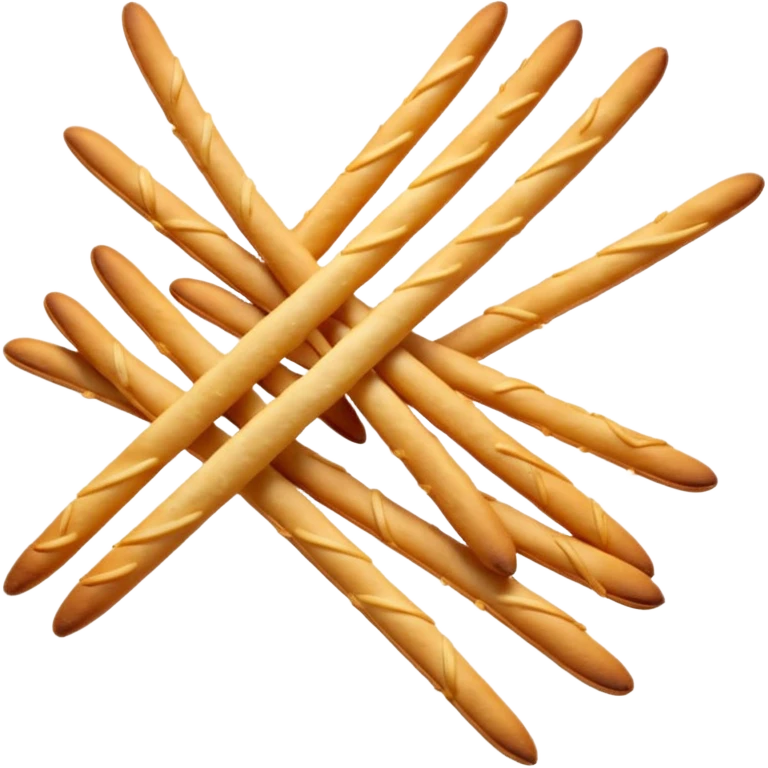 loose cluster of thin crunchy breadsticks with golden-brown slightly blistered surface and subtle curves, straight or slightly uneven sticks, crisp dry textures, rustic baked look, no packaging, no dip, no extras, soft lighting, subtle shadows, emoji scale emoji