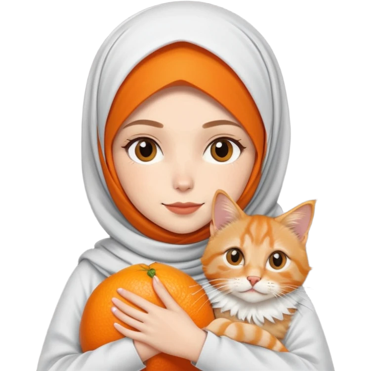 White girl wearing hijab holding orange mainecoon cat emoji