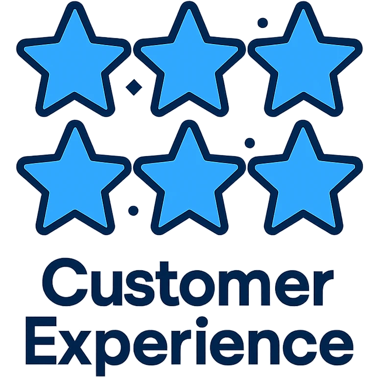 Add the words 'Customer Experience' below the six blue stars with a subtle glow, keep the modern icon style, preserve transparent background. emoji