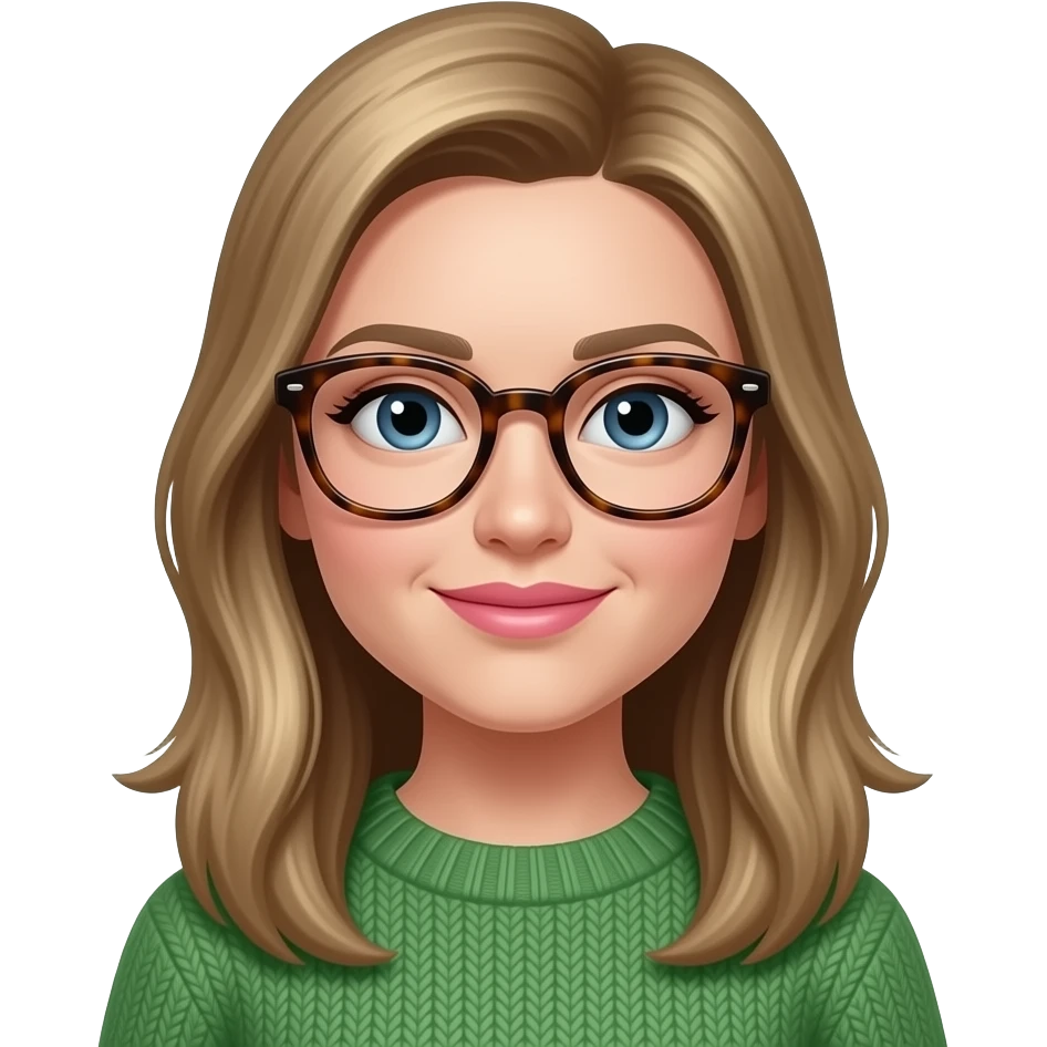 a white woman with long, chest length, darker straight long blonde hair. she should be wearing thick rimmed tortise shell glasses, pinker lips, wearing a green sweater and have blue eyes. emoji