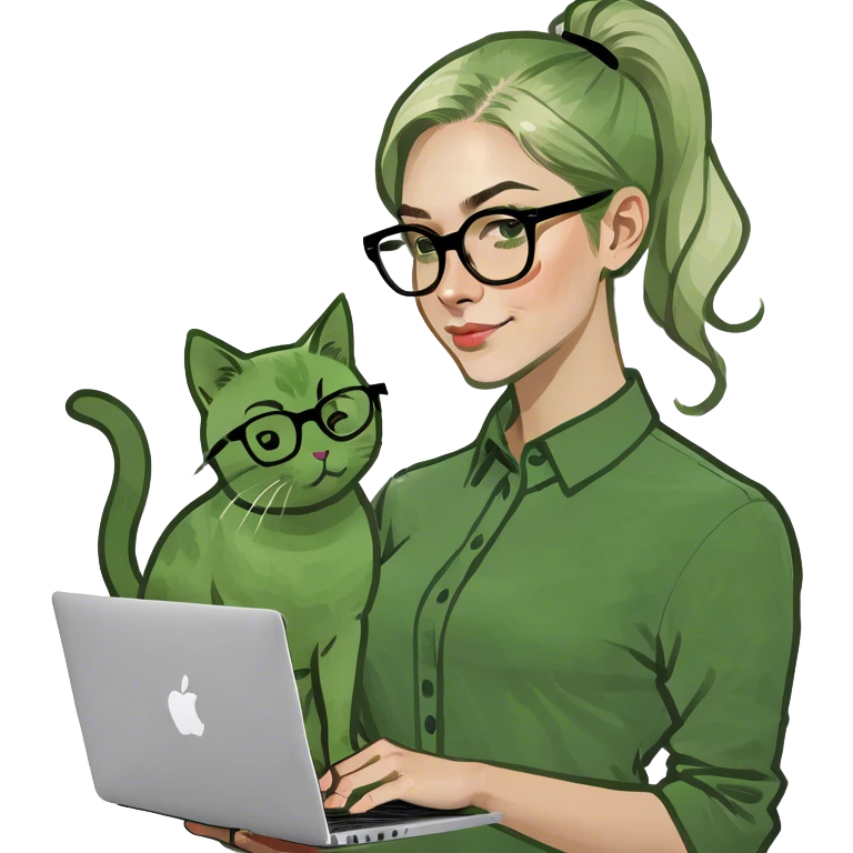 Blonde woman ponytail  with cat and MacBook  emoji