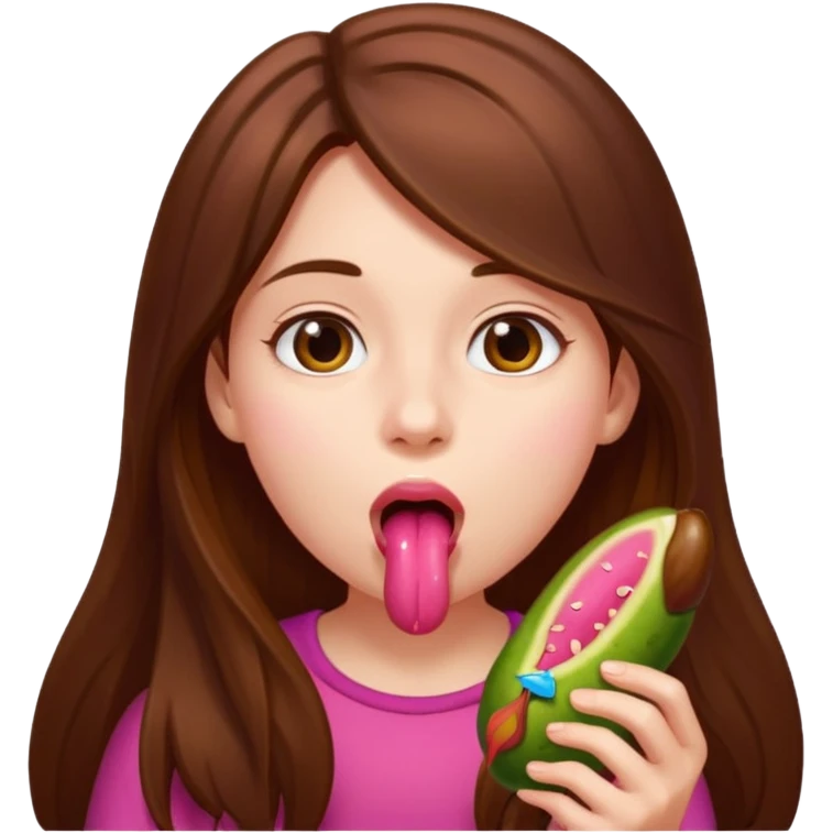 Girl with long brown hair licking pink pickle  emoji