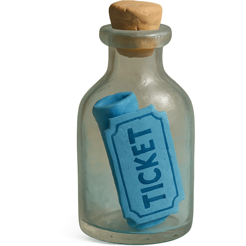 blue ticket inside a bottle with pastel colors and visible fingerprints claymation style emoji