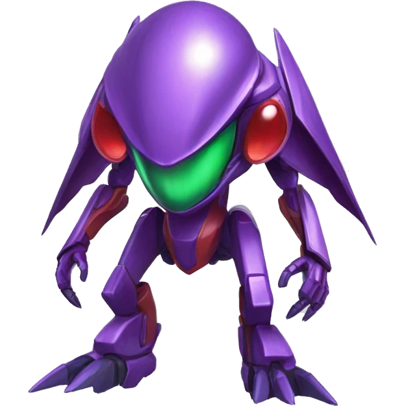 a shiny purple-green-red Genesect-Raptor-Fakémon—hybrid with a futuristic visor-helmet full body emoji