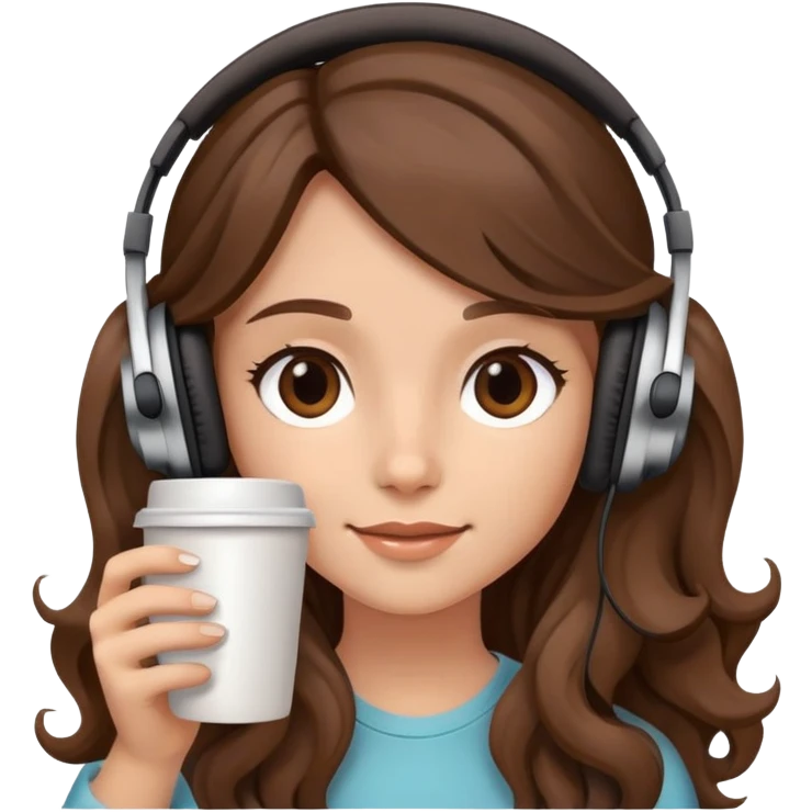 A girl with brown wavy long hair, wearing headphones on her head and holding coffee in her hand emoji