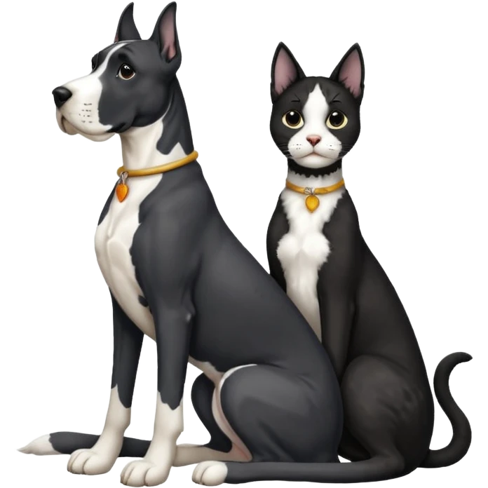 Large Black and white great dane dog sitting with a black and white cat emoji
