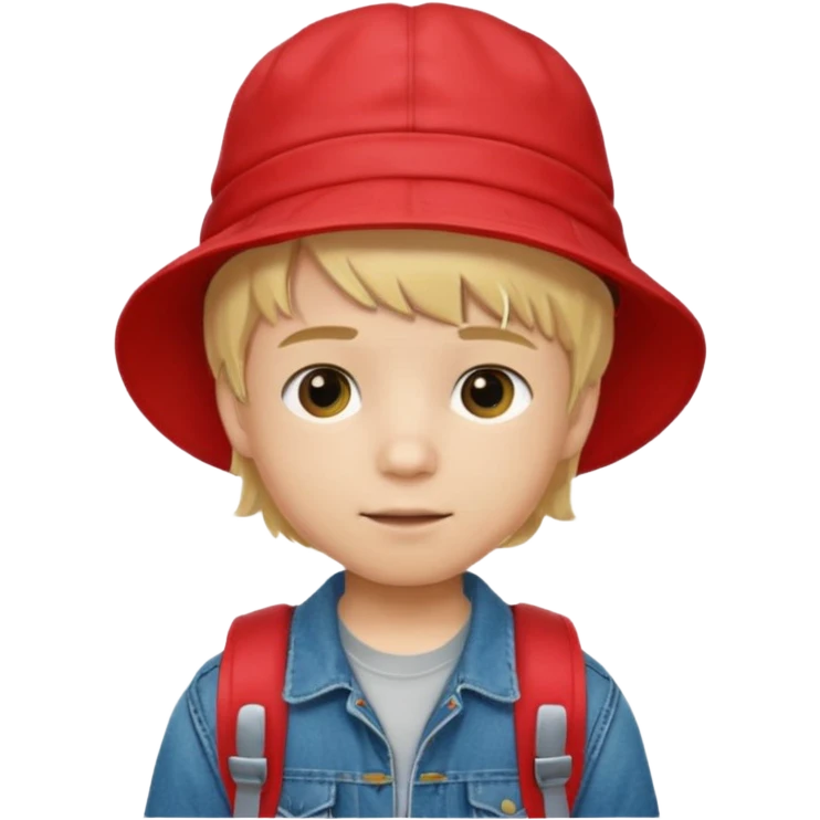A little boy student, blonde hair, with red bucket hat, jean jacket, backpack emoji