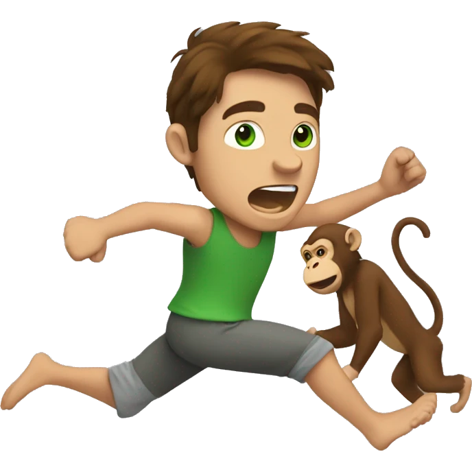 Man with brown hair and green eyes running from a monkey  emoji