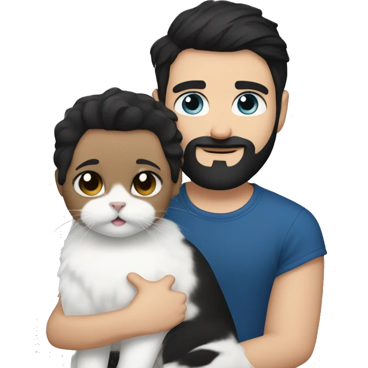 A guy with a black earing and black short hair and black beard and holding a all white Siberian cat with blue eyes  emoji