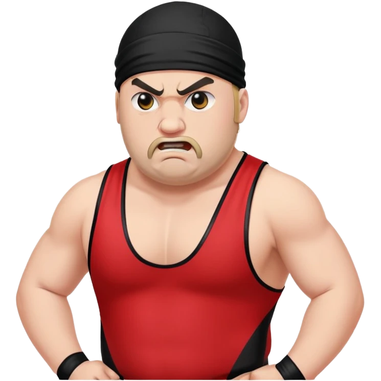 White skin fat guy with prominent black durag, shaved beard stubble, black eyes in a red and black wrestling singlet with angry face emoji