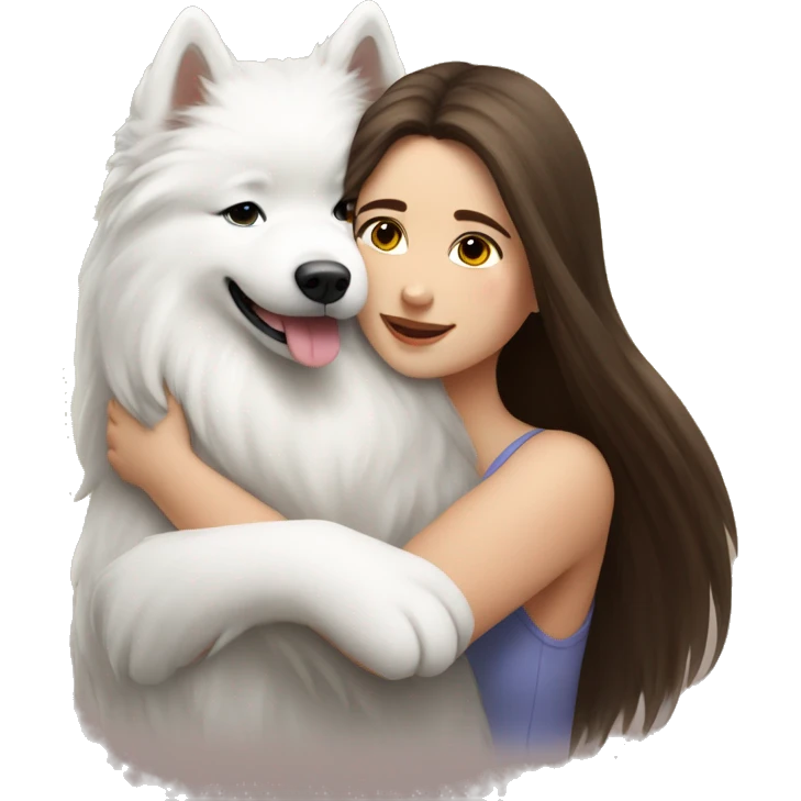 White beautiful girl with long brunette hair hugging Samoyed  emoji