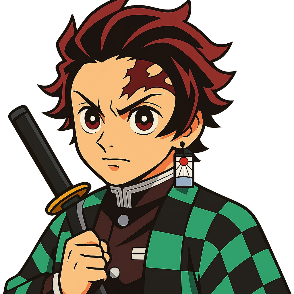 Tanjiro Kamado from Demon Slayer, vibrant anime style, green and black checkered haori, hanafuda earrings, determined expression emoji