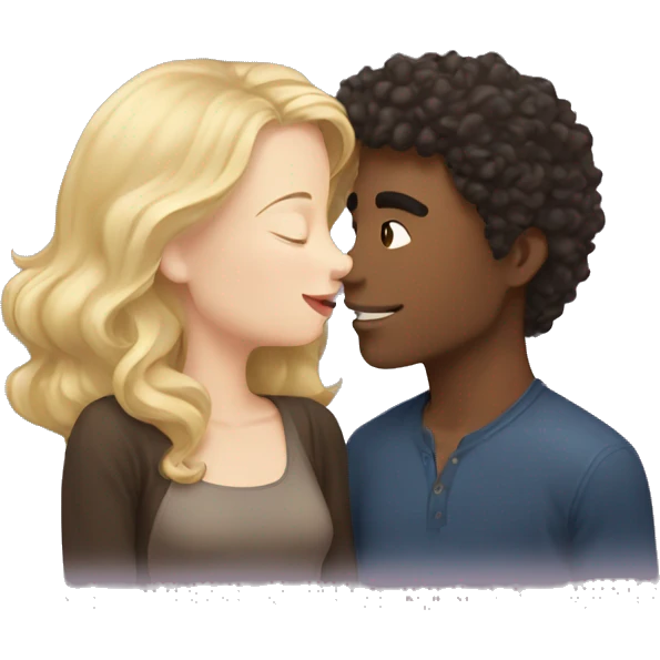 A blonde girl with pale skin kisses a light-skinned brown guy with dark curly hair emoji