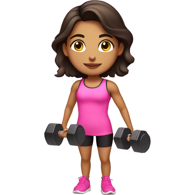 Hispanic girl holding weights doing gym activities in a cute pink outfit emoji