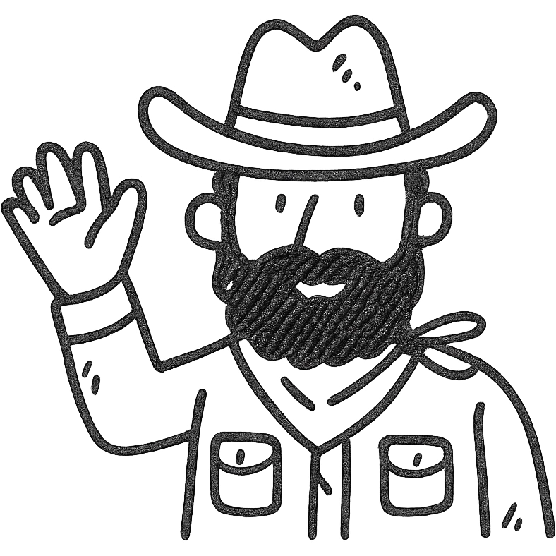 bearded cowboy raising hand, hand drawn style emoji