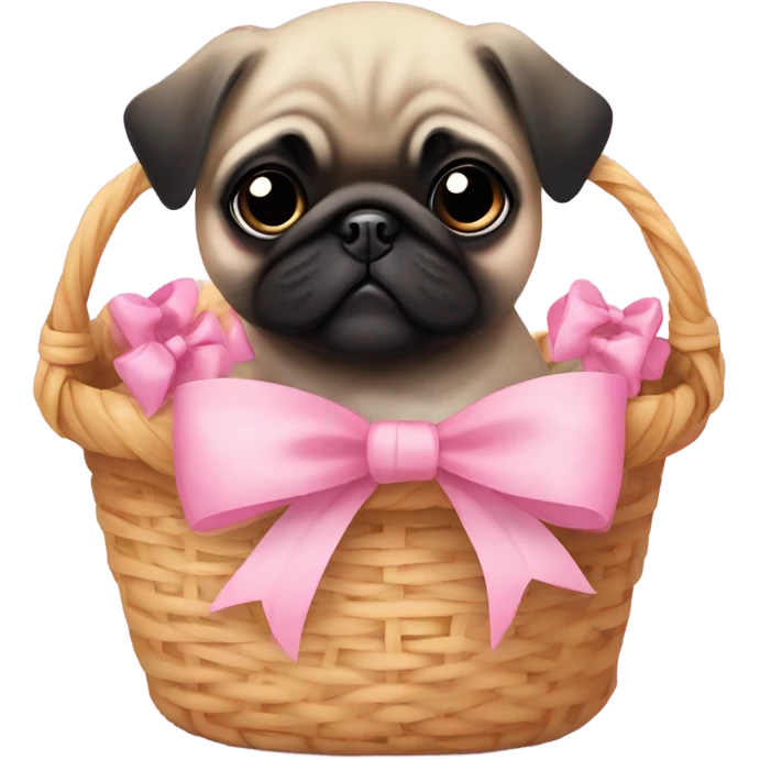  Baby pug with big pink
eyes wearing a pink bow sitting in a basket  emoji