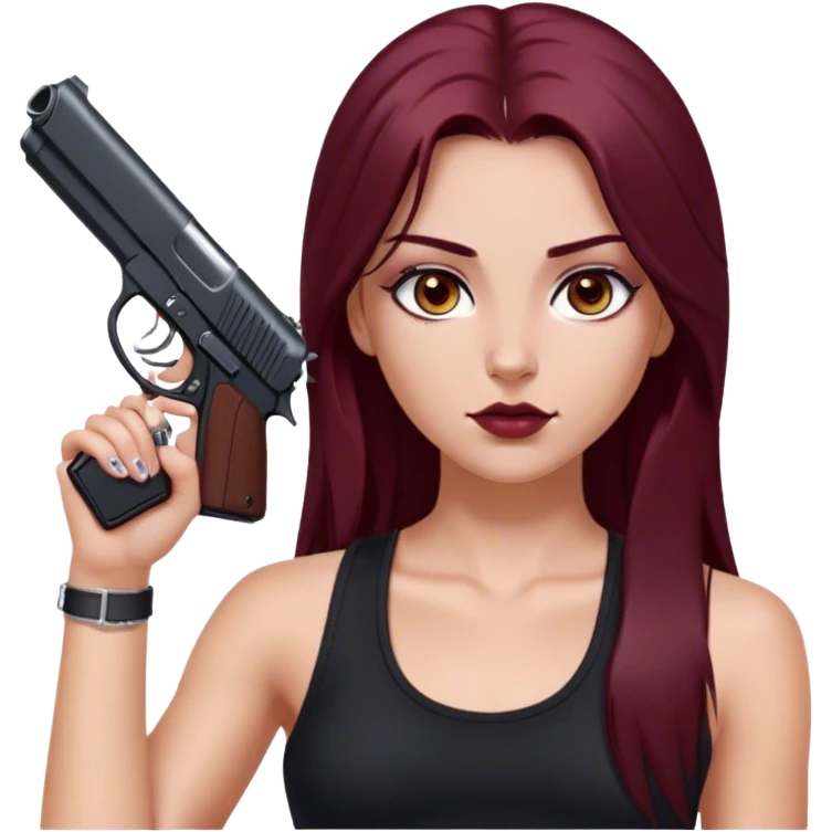 emoji of white girl with black gun in hand with a black tank top gorgeous girl y2k with maroon dark long hair in a middle part with straight nose hazel eyes medium perfect eye brows with  a nose ring silver on the right nostril  emoji