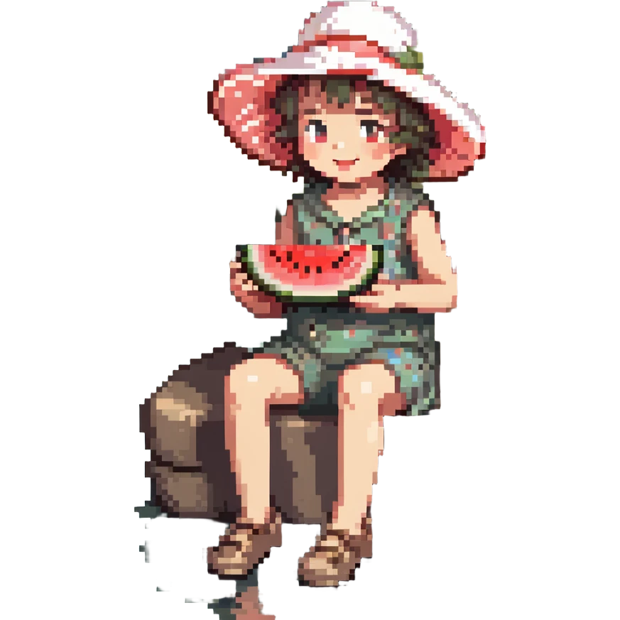 cheerful child in a floppy sun hat eating watermelon, sitting on a riverbank, pixel art, bright summer colors emoji
