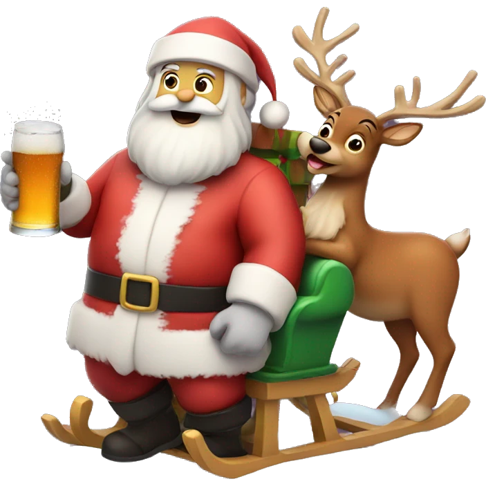 Santa holding beer on the sled with rudolph emoji