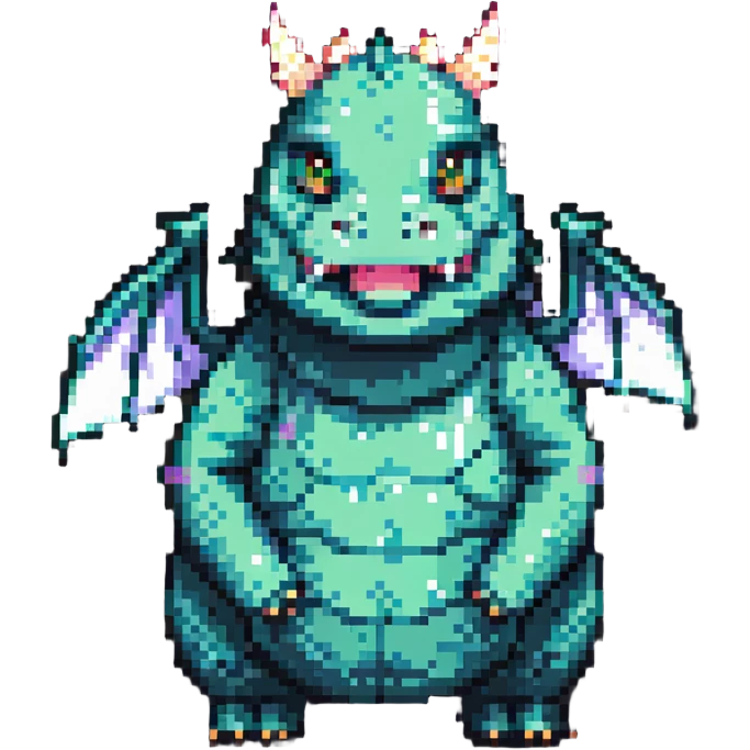 pixel art dragon, tiny wings, chubby body, cheerful expression emoji