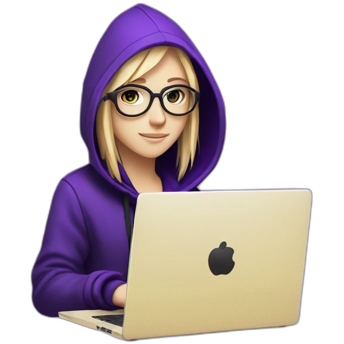Girl blond artist with round glasses left side behind his laptop with this style: Alan Walker Singer purple character purple black hooded hacker themed character emoji