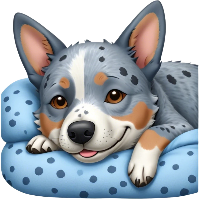 Meme-Worthy Cute Sleeping Blue Speckle Australian Cattle Dog Portrait Emoji, Head resting peacefully with a contented smile, showcasing a robust build and a luxuriously soft blue speckle Fur, eyes shut in a serene nap, Simplified yet hilariously adorable features, highly detailed, glowing with a soft, drowsy light, high shine, relaxed and utterly lovable, stylized with an air of playful laziness, bright and heartwarming, soft glowing outline, capturing the essence of a comically sleepy herder, so meme-worthy it feels like it could instantly become the next viral sensation of adorable slumber! emoji
