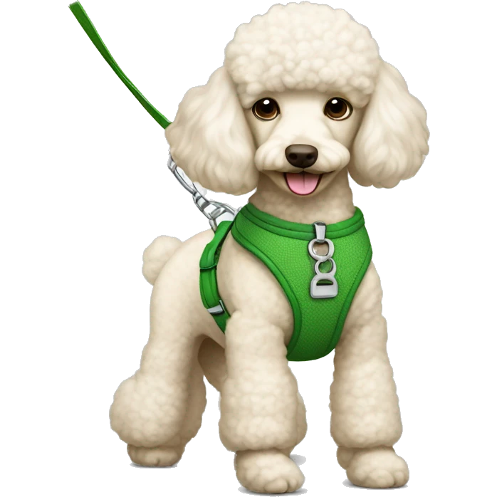 Cream poodle with a green harness and a green leash. emoji
