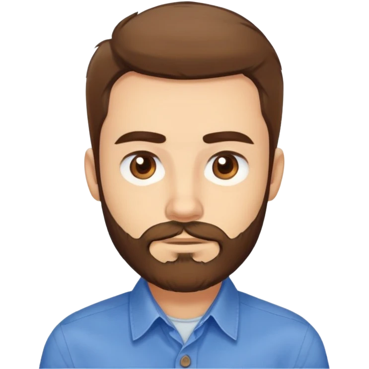 Head portrait of Puerto Rican actor René Monclova. Round face, wide jaw, light complexion. Expressive brown eyes, thick eyebrows. Short brown hair. Unkempt beard, medium length and brown. Friendly expression. Wearing a blue button-up shirt. emoji