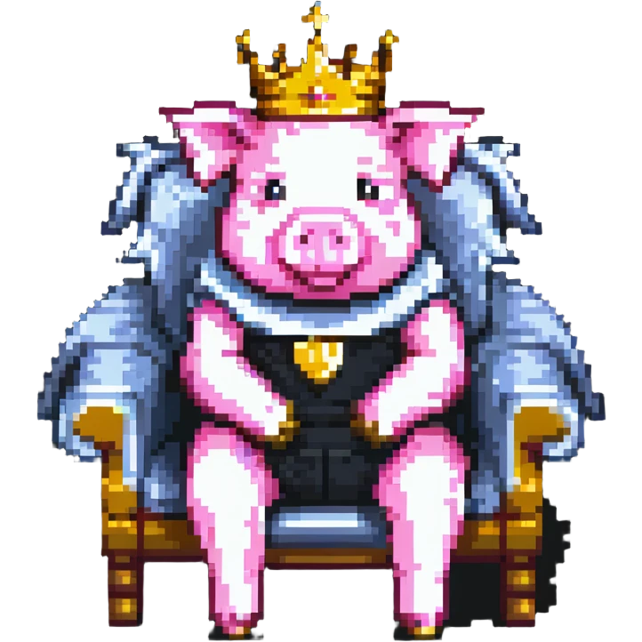 minimal abstract pixel art pig with a golden crown sitting on a throne, blocky and square like Minecraft, very few pixels emoji