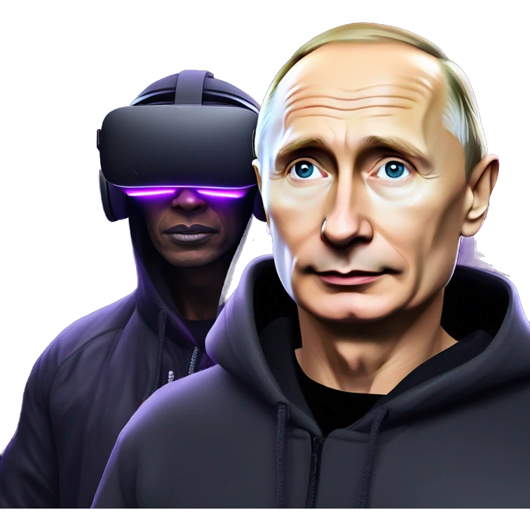 Vladimir Putin wearing a black hoodie with "OMG" letters on it and VR headset oculus quest 2 in a cyberpunk VR environment with violet neon lighting. emoji