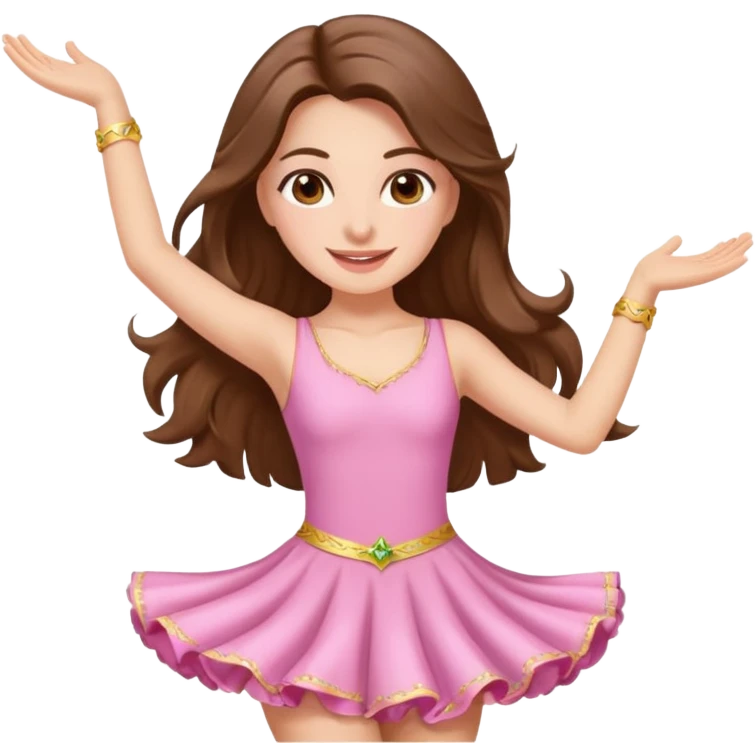 happy white long brunette hair girl with hazel eyes in light pink salsa dancing emoji
